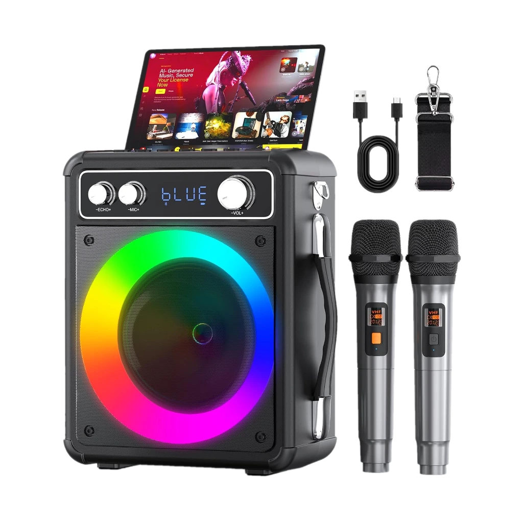 VOSOCO Karaoke Machine, Portable Bluetooth Karaoke Speaker with 2 Wireless Microphones, PA System for Adults Kids with LED Lights & Echo Adjustment, Supports TWS/TF/USB/AUX for Home Party
